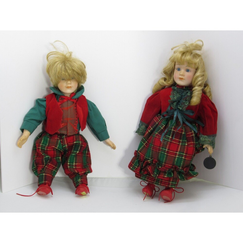 Brinn's Collectible Porcelain Dolls Chris & Chrissy 1992 Plaid Christmas Outfits